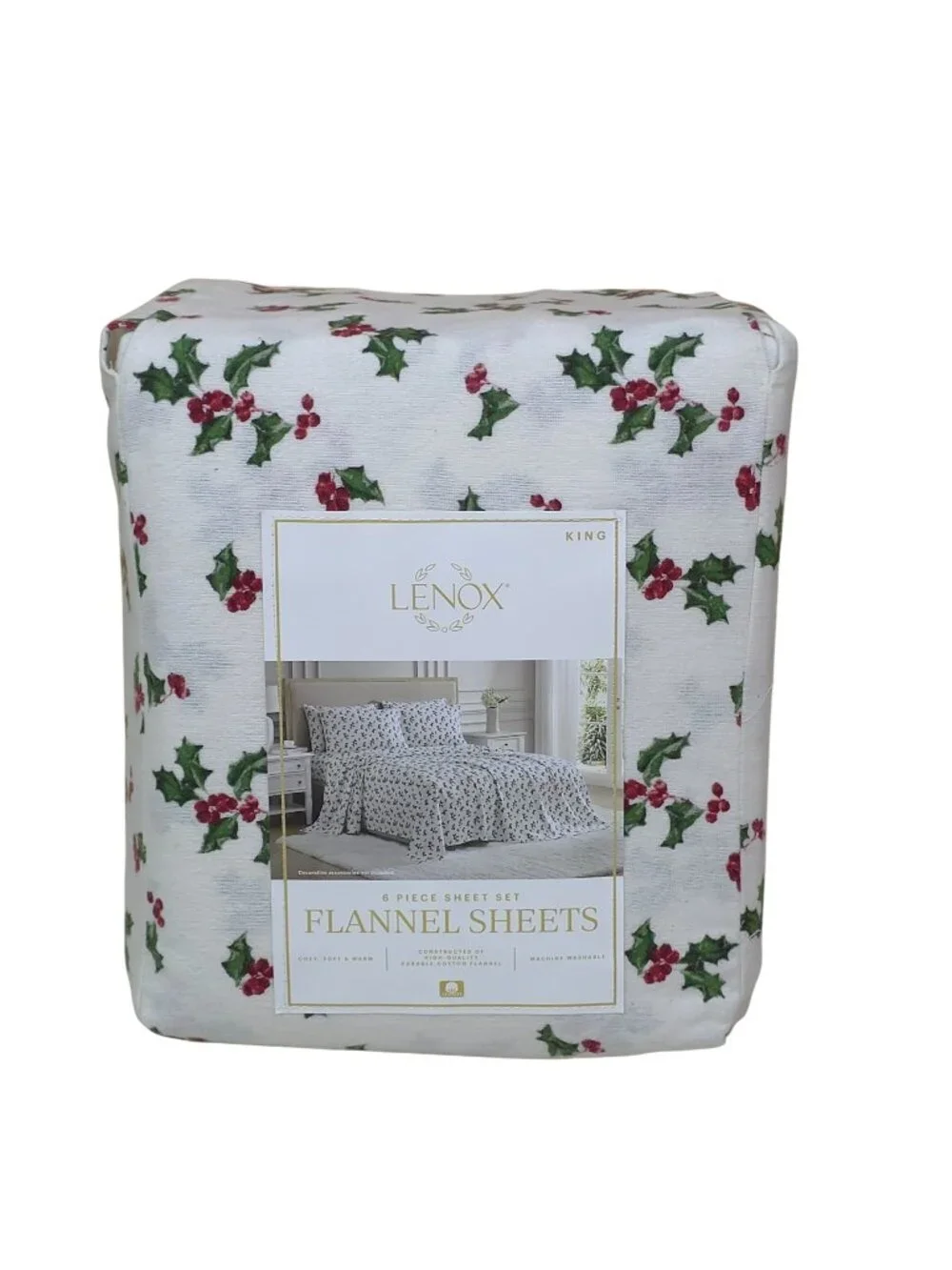 Lenox King 6-Piece Flannel Sheet Set Holly Green Pattern 100% Cotton Warm